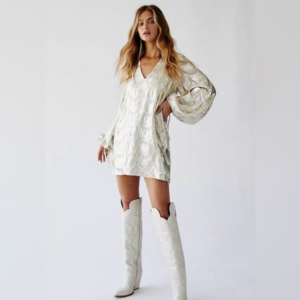 Jens Pirate Booty ×Free People Lima Mettalic Mini Dress Large White Glam Party